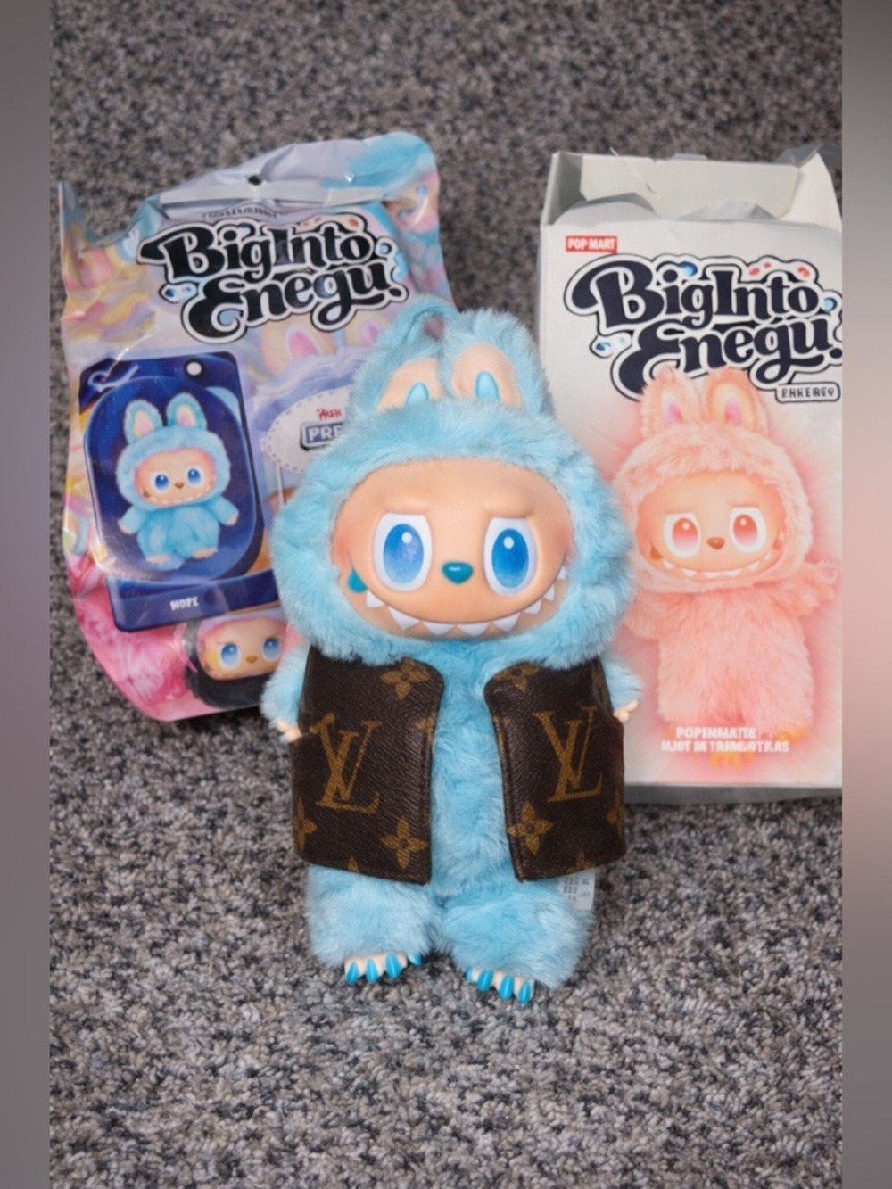POPMART Big Into Energy Blue Plush Toy w/ Custom Mono Vest Cute Collectible Doll